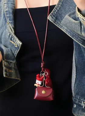 精致卡通蝴蝶结小巧皮质零钱包项链耳机套挂件蜡绳小众设计毛衣链