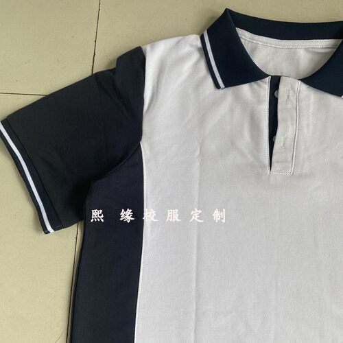定制夏季校服半袖上衣藏蓝色拼接白色一道白杠翻领短袖T初高中小 - 图2