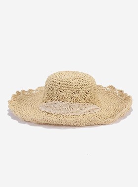 日系夏季沙滩帽蕾丝草帽女小清新防晒帽遮阳旅游度假可折叠太阳帽