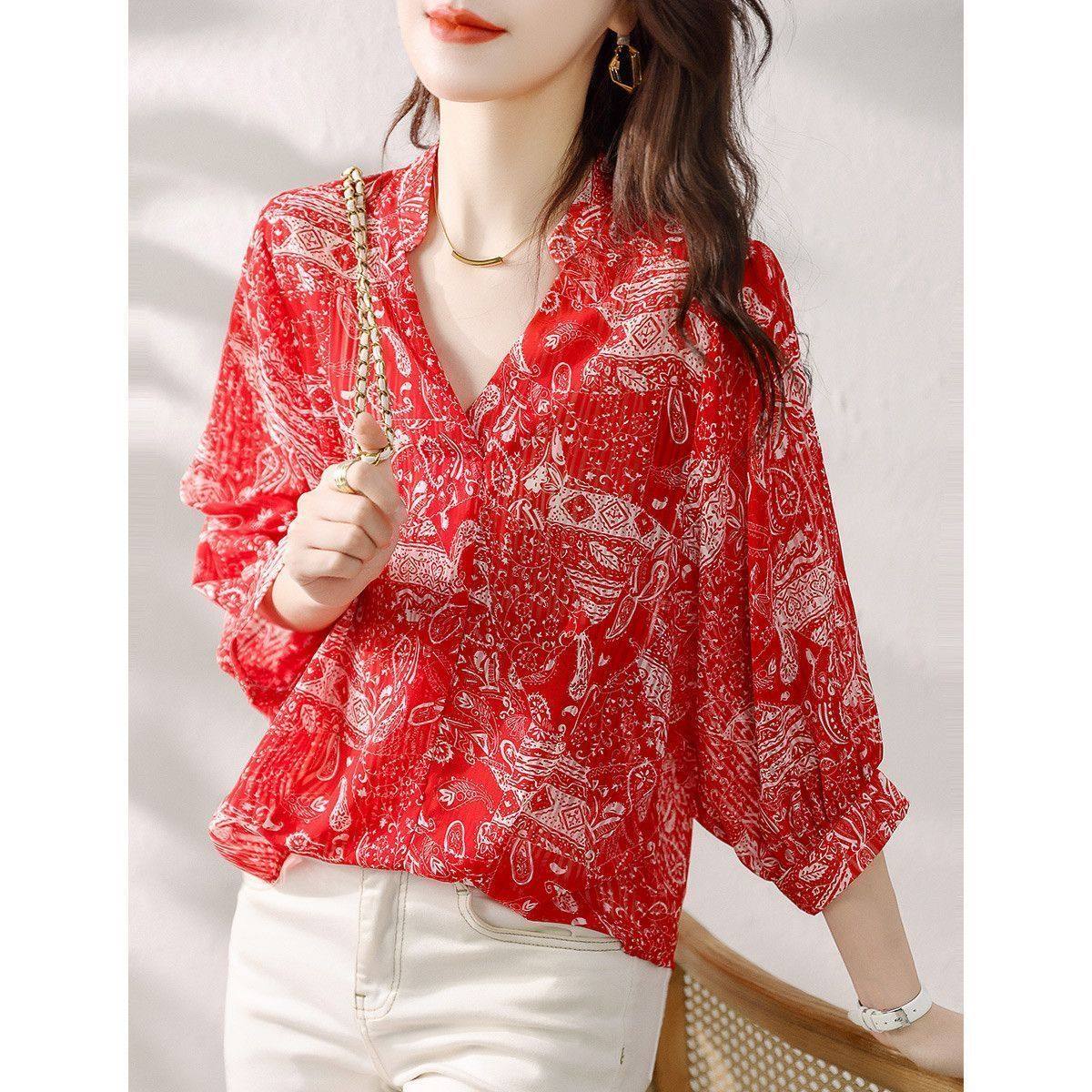 清凉透气雪纺衬衫2025夏季新款民族风印花休闲显瘦V领中袖衬衣,淘宝优惠券,粉丝福利购,淘宝优惠卷