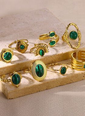 天然石不锈钢戒指镀18K金活口小众高级感女高级感钛钢复古ins批发