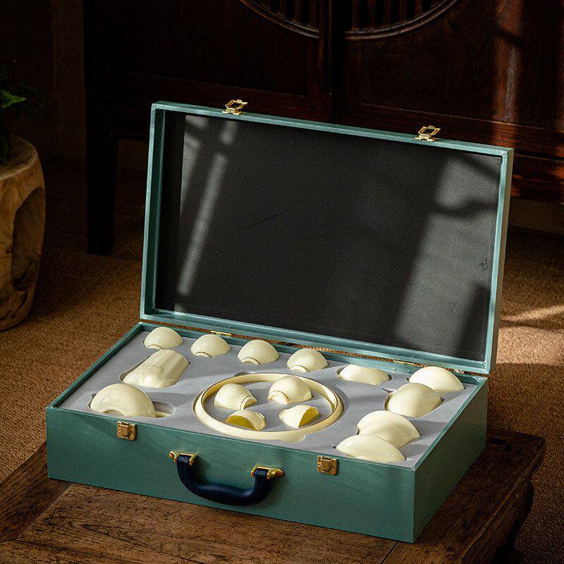 Suet Jade Gemstone Yellow Kung Fu Tea Set Home Office Tea Maker Cover Bowl Teacup Gift Box Gift Wholesale