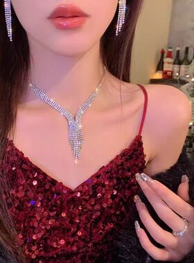 厚土珠山跨境水钻项饰耳饰饰品女轻奢镶钻V形流苏项链耳环两件套