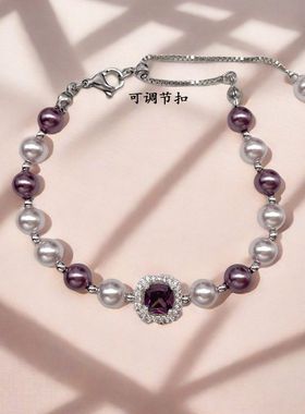 复古方形锆石珍珠手链轻奢小众百搭手串ins高级感时尚手饰批发女