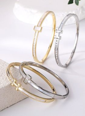 HTZS跨境大H白贝母手镯钛钢手镯素圈不锈钢镯子满钻手环手链饰品