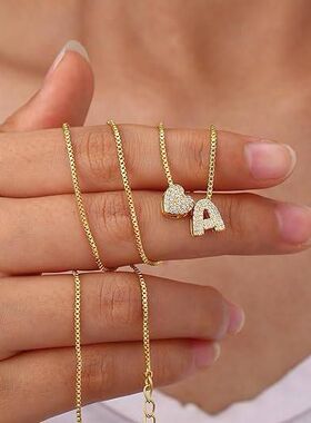 跨境新款时尚简约可爱字母金色心形字母项链镀金18K金女士项链