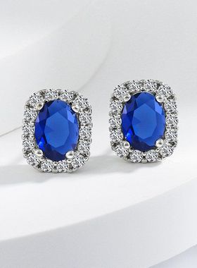 HTZS跨境超闪奢华复古蓝宝石项链锁骨链蓝色水晶锆石花朵心形吊坠