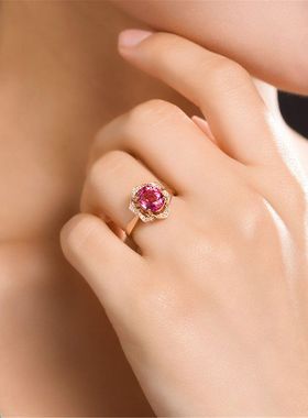 HTZS跨境热卖彩宝天然红碧玺戒钻石群镶镀玫瑰18K金花形戒指女款