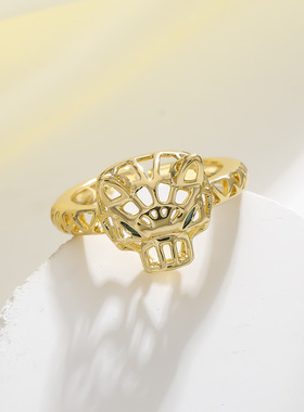 厚土珠山跨境新款镂空绿眼豹子头戒指女情侣戒指气质百搭网红手饰