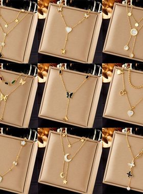 HTZS跨境不掉色钛钢蝴蝶流苏项链女轻奢高级感锁骨链新毛衣链配饰