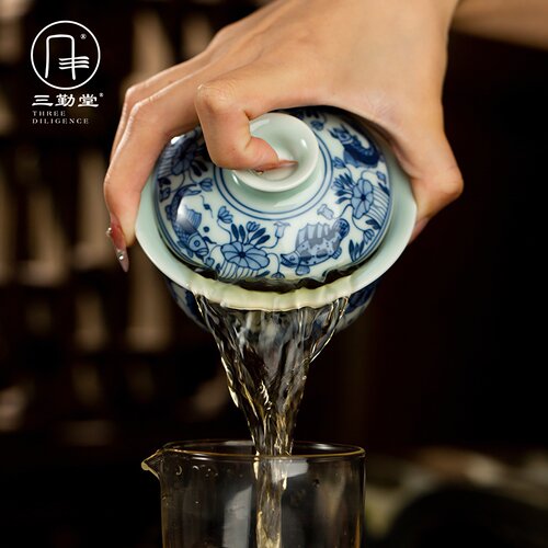 三勤堂青花手工盖碗三件套景德镇复古陶瓷鱼藻纹功夫茶具高端手绘 - 图1