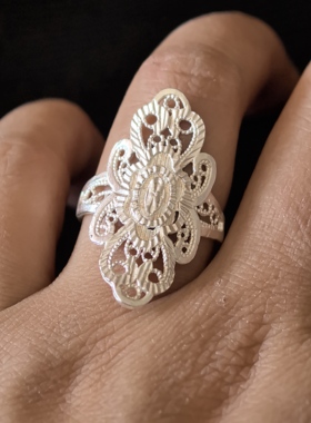 彝阿朵凉山彝族手工银饰戒指镂空花纹民族风配饰配料配件花朵婚戒