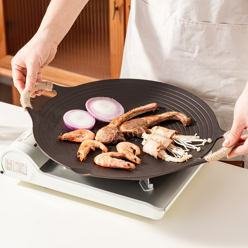 onlycook双耳铸铁烤肉盘户外烤肉锅卡式炉专用烧烤盘电磁炉煎烤盘 - 图1