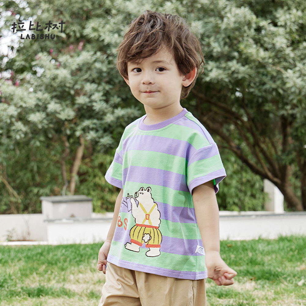 拉比树童装男童T恤2024夏季新款宝宝时尚条纹短袖上衣儿童运动衫