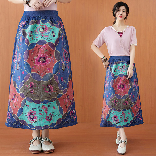 Summer heavy embroidered retro style commuting mid-length skirt