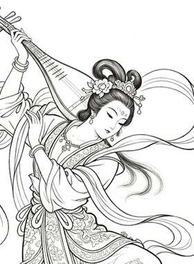 工笔画底稿工笔人物竖幅飞天琵琶图参考白描69#打印稿