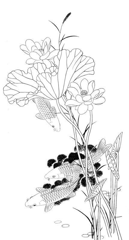 工笔画底稿路雨年4尺荷花鲤鱼竖幅参考白描7#打印稿 宣纸稿
