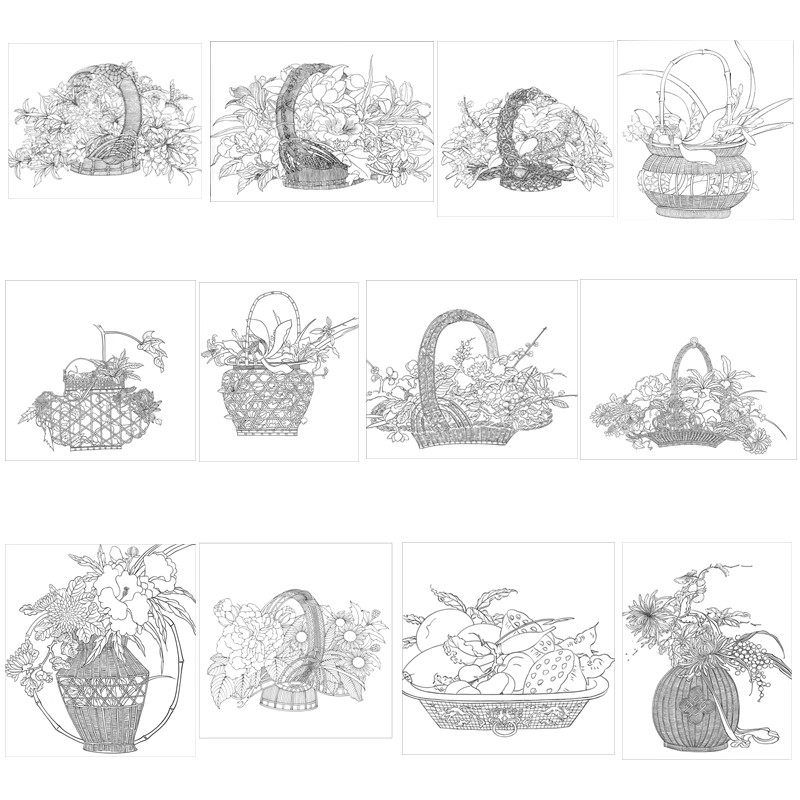 工笔画底稿花篮图斗方小品白描打印稿宣纸稿12张学习临摹,淘宝优惠券,粉丝福利购,淘宝优惠卷