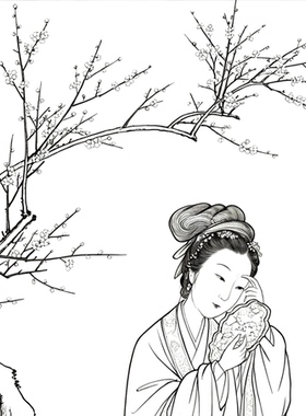 工笔画底稿工笔人物竖幅元 佚名 梅花仕女图参考白描54#打印稿