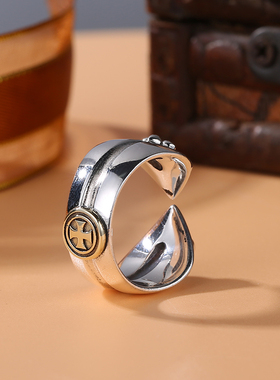 纯银潮人十字架戒指男做旧复古船锚单身食指戒潮人重银配饰潮男款