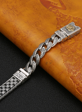 正品S925纯银泰银欧美风狮子唐草纹手链男女手饰潮流朋克生日礼物