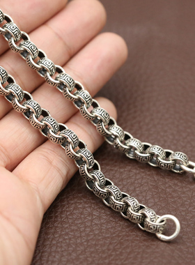 s925纯银饰品男士霸气回纹环扣环项链复古泰银8mm时尚大气粗项链