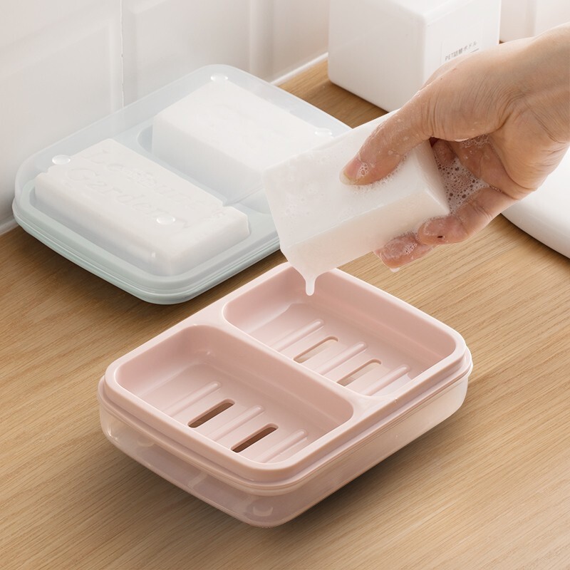茶花肥皂盒带盖大号防水双格香皂盒双层沥水盒 双格皂盒带盖