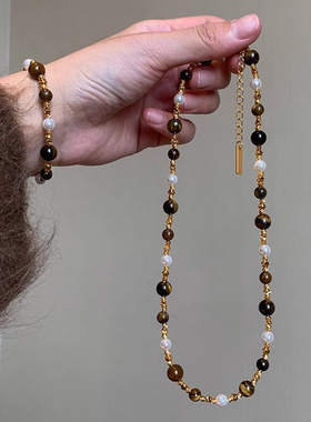 秋季美拉德天然虎眼石珍珠项链