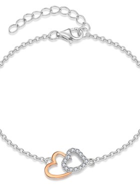 S925银手链女轻奢小众设计甜美小香风爱心锆石心心相连桃心形手饰