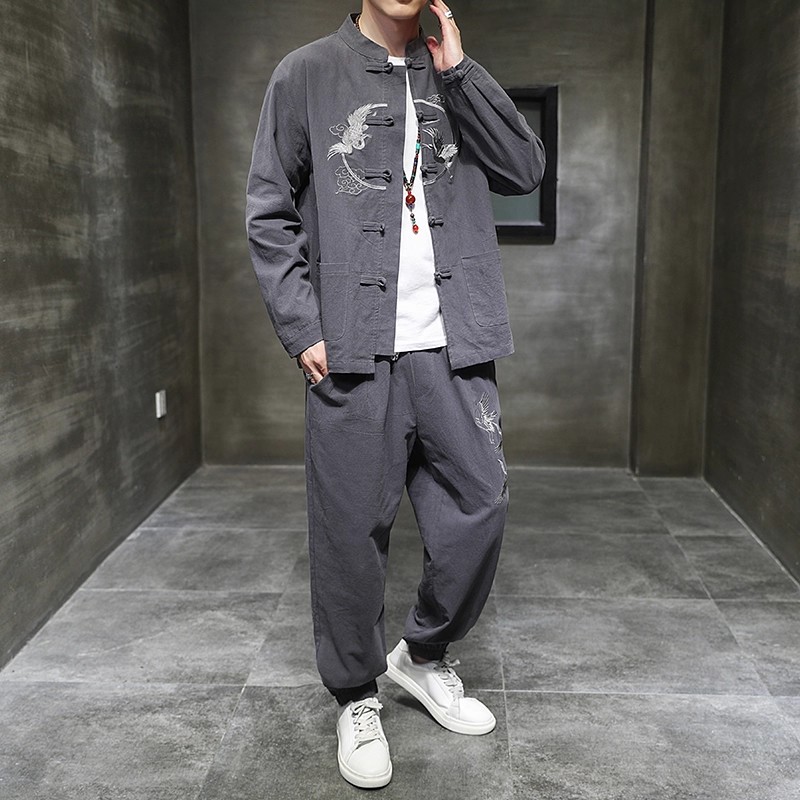 中国风男装休闲道士风汉服套装仙鹤唐装衣服禅意道服修行居士服秋 - 图1