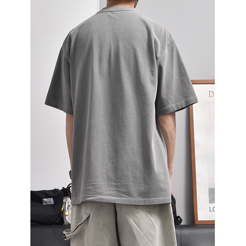 美式复古320克重磅纯棉短袖男小众设计感三角领口烟灰做旧潮牌t恤 - 图1