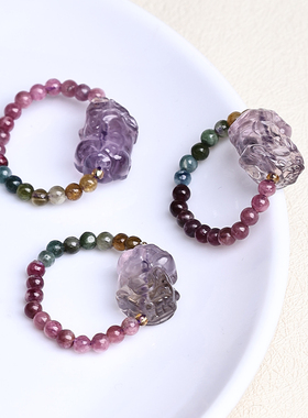 天然紫色紫黄水晶貔貅戒指