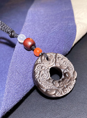 天然银曜石双貔貅圆环吊坠