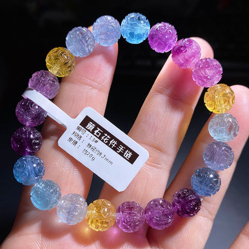 天然彩虹萤石回纹珠手链富贵不尽头富无止境雕刻花件手串一物一证 - 图1