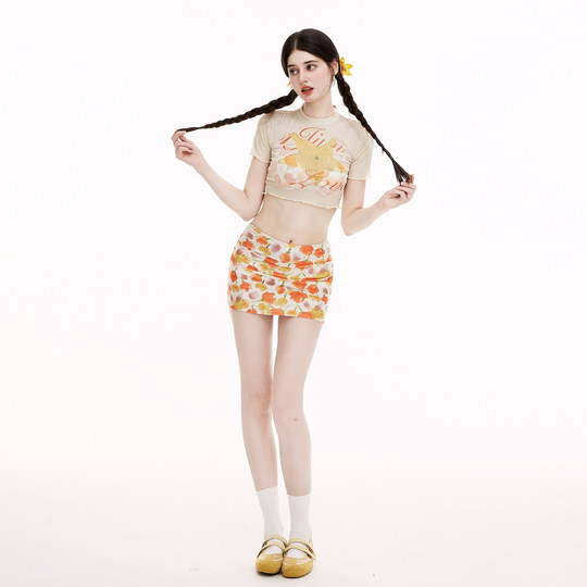 Orange floral bikini four-piece set