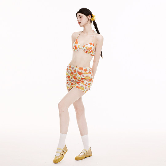 Orange floral bikini four-piece set