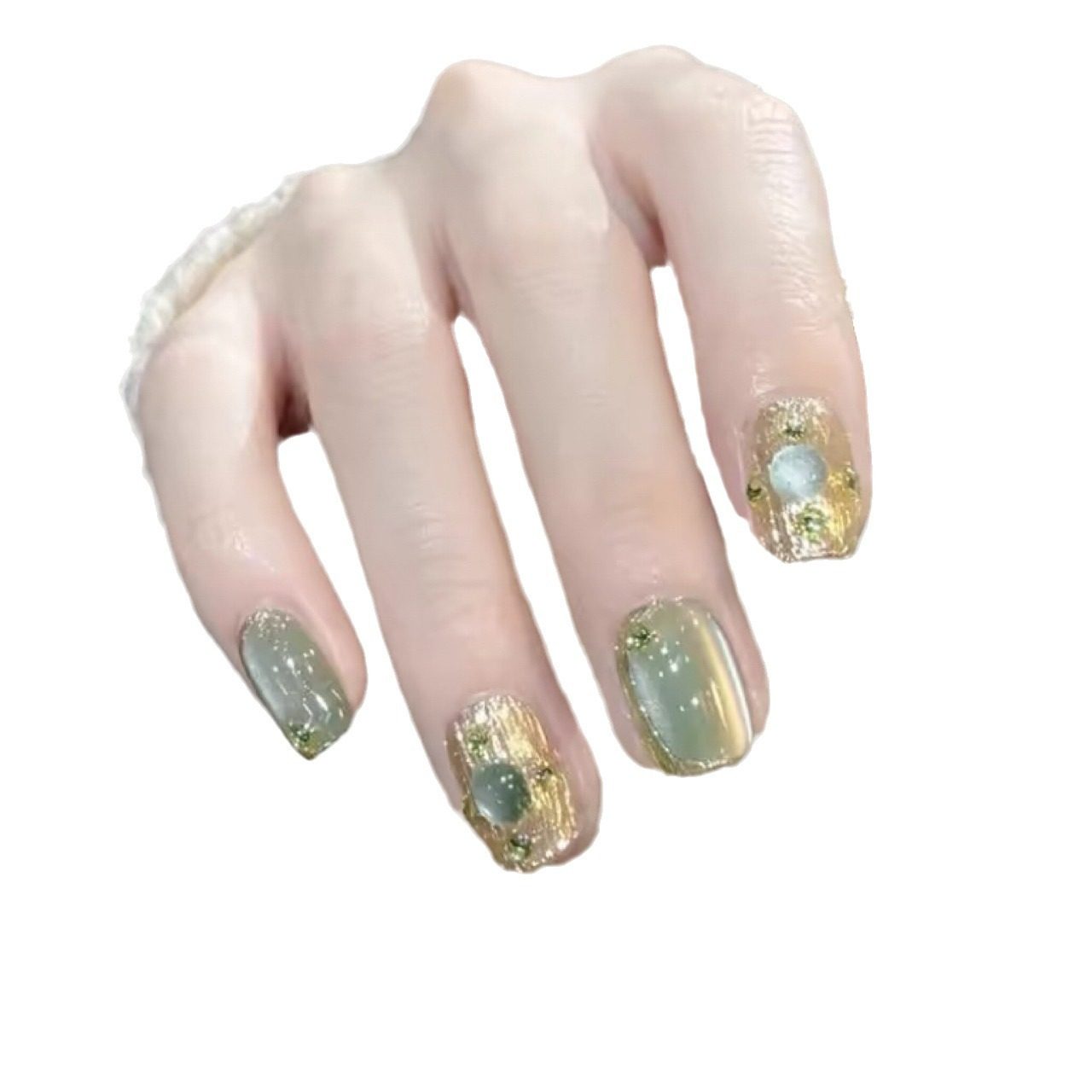 绿色布契拉提葡萄绿钻法式带钻重工显白夏日纯手工光疗穿戴美甲 - 图3