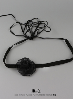 黑色山茶花choker绑带项链绳复古性感法式气质花朵项圈颈链锁骨链