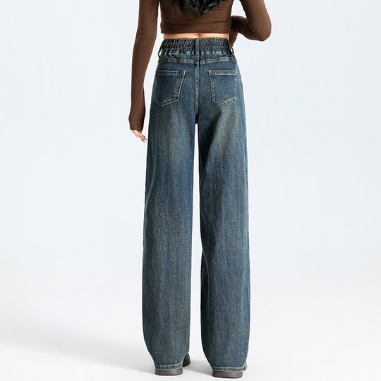 加绒加厚松紧腰直筒牛仔裤女冬季新款大码羊羔绒特厚窄版阔腿裤女