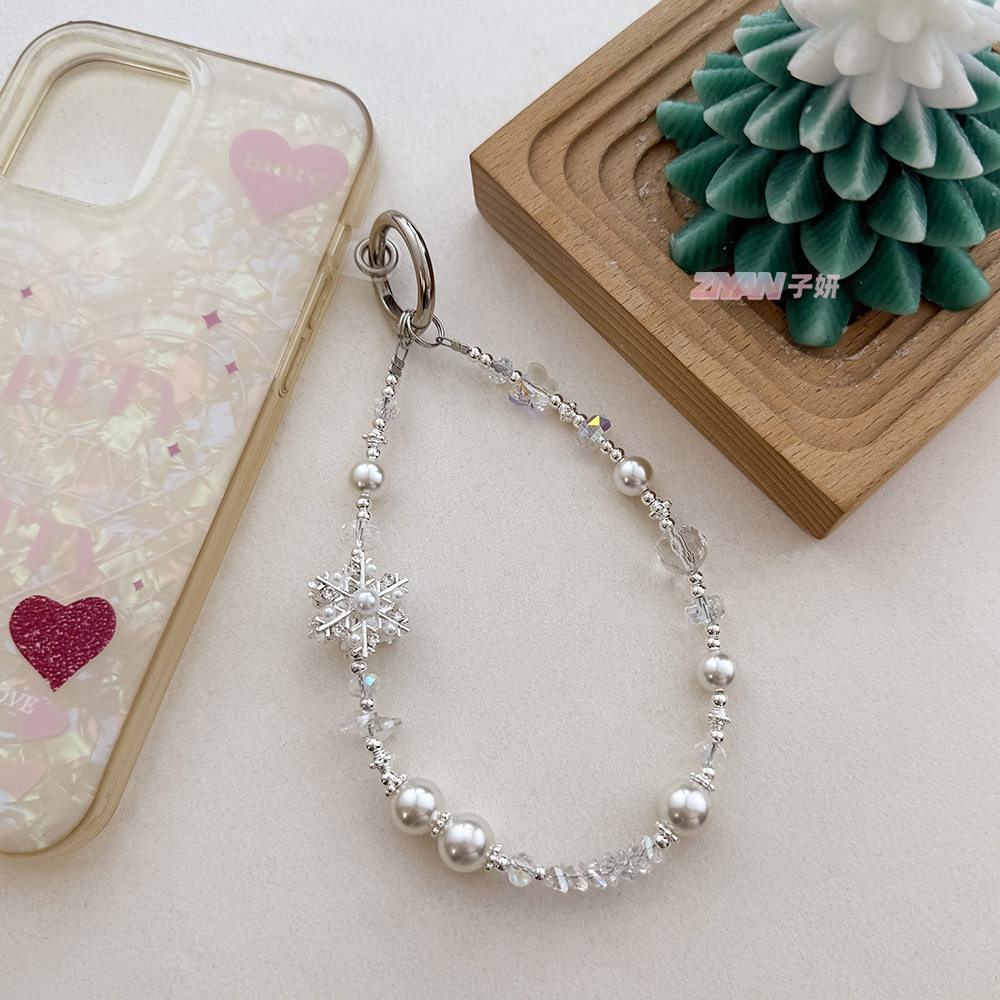 Clove 冬季雪花手机链短款玻璃珍珠水晶串珠钥匙扣高级精致包挂件,淘宝优惠券,粉丝福利购,淘宝优惠卷
