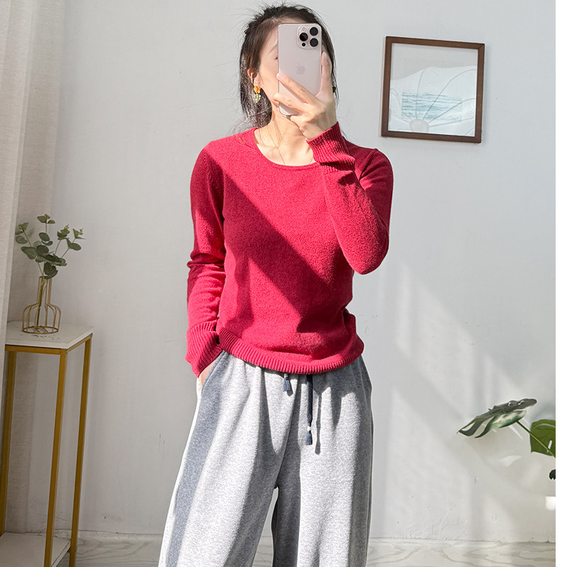 云~多 篙贵深红~100%山羊绒衫女 显瘦2025秋冬内搭针织衫圆领毛衣,淘宝优惠券,粉丝福利购,淘宝优惠卷