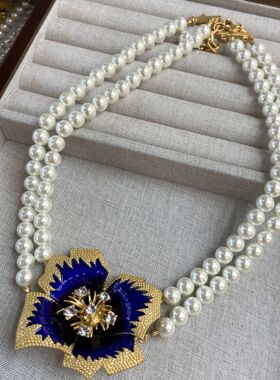 芈澜芈尔法国西洋古董项链Vintage蓝色珐琅滴釉四瓣花朵首饰套装