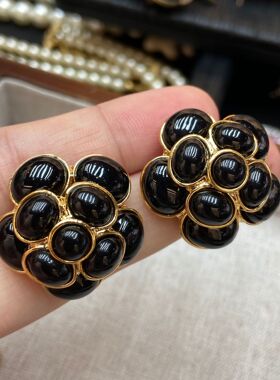 中古Vintage真金电镀法式复古天然黑贝山茶花珍珠项链耳钉戒指套