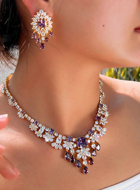 欧美新娘奢华紫色锆石气质项链女耳环高贵皇冠结婚礼服2件套首饰