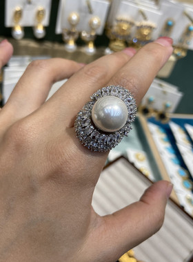 围裙边大珍珠戒指大颗粒铜镀白金个性气质镶嵌奥贝母珍珠镶钻指环