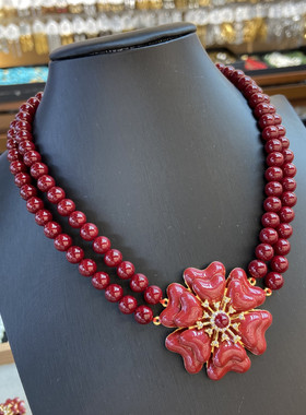 复古安哥拉红琉璃串珠双层花朵项链耳饰套装珐琅滴油轻奢花卉耳钉