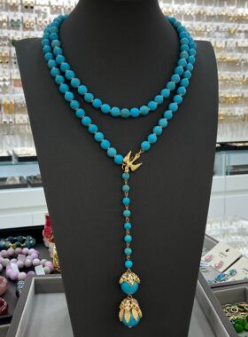 复古中古时尚10M绿松石长款飞鸟吊坠项链高级感个性毛衣链饰品
