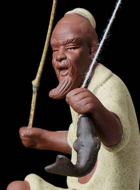 创意紫砂人物姜太公钓鱼茶宠摆件