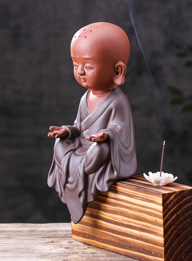 禅意紫砂小和尚中式风装饰摆件