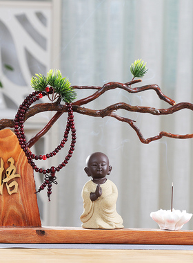 紫砂小和尚禅意玄关根雕风化木